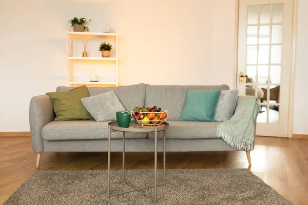 Shot Living Room Gray Sofa Modern Minimalistic Furniture Home Scandinavian — Stock Photo, Image