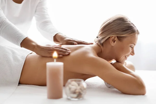 Happy Middle Aged Female Enjoying Aromatherapy Massage Modern Beauty Center — Stock Photo, Image
