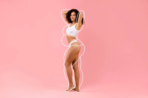 Slim Young Black Woman White Underwear Body Contours Her Figure — Stock Photo, Image