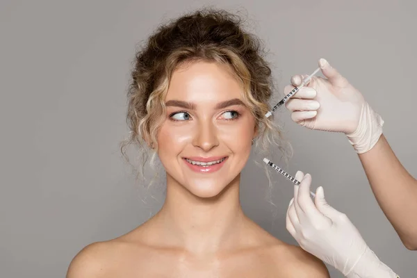 Happy Caucasian Woman Getting Facial Injection Cheekbones Zone Standing Grey — Stock Photo, Image
