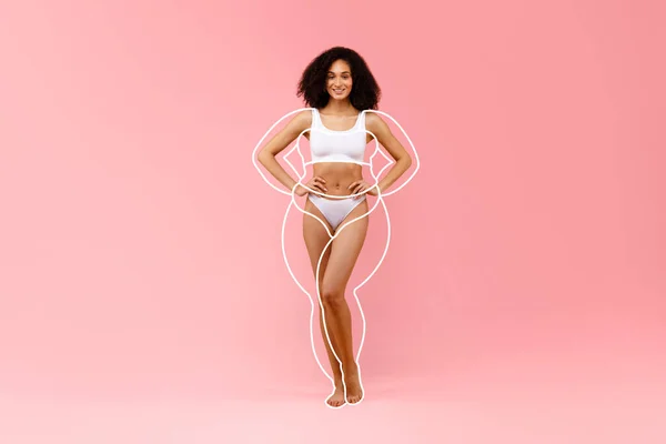 Liposuction Result Concept Black Slim Woman Posing Underwear Pink Background — Stock Photo, Image