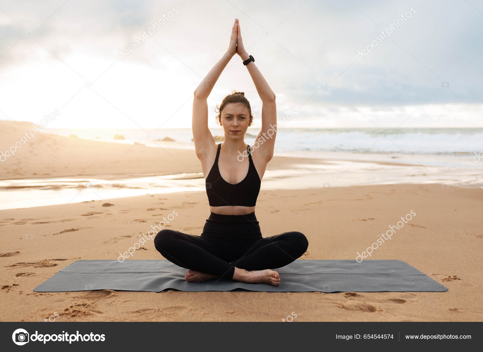 Calm Slim Woman Practicing Yoga Meditating Enjoying Training Beach