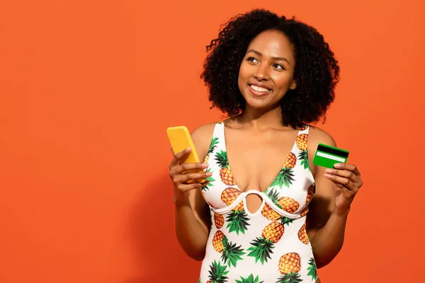 Cheerful Attractive Curly Young African American Lady Nice Swimsuit Holding — Stock Photo, Image