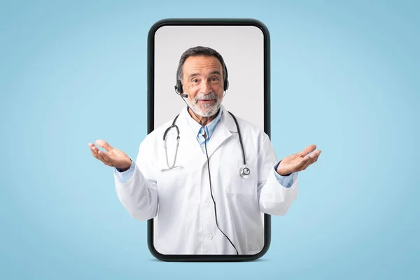 Friendly Old Man Doctor White Coat Headphones Spreads Arms Sides — Stock Photo, Image