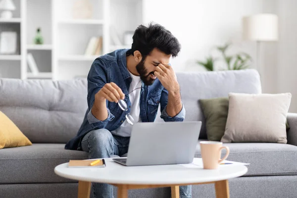 Eyes Fatigue Stressed Indian Male Freelancer Tired Working Laptop Computer — Stock Photo, Image