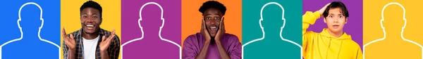 Lachende Überraschung Junge Schwarze Und Asiatische Männer Mit Abstrakter Silhouette — Stockfoto
