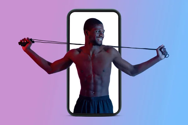 Smiling Muscular Black Man Naked Torso Doing Muscle Exercises Skipping — Stock Photo, Image