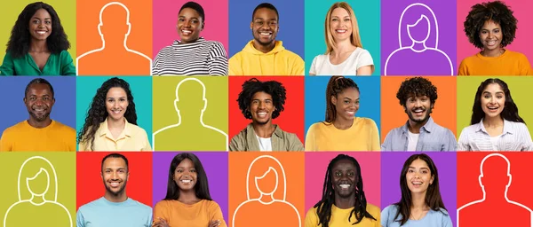 Headshot Van Vrolijke Jonge Volwassen Multiraciale Mensen Met Abstract Silhouet — Stockfoto