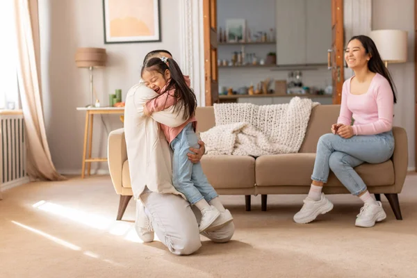 Finally Home Joyful Korean Daddy Hugging His Little Daughter While — Stock Photo, Image