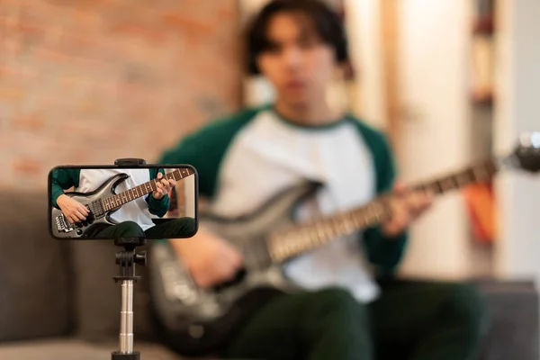 Music Blogging Unrecognizable Korean Teenager Guy Playing Electric Guitar Filming — Stock Photo, Image
