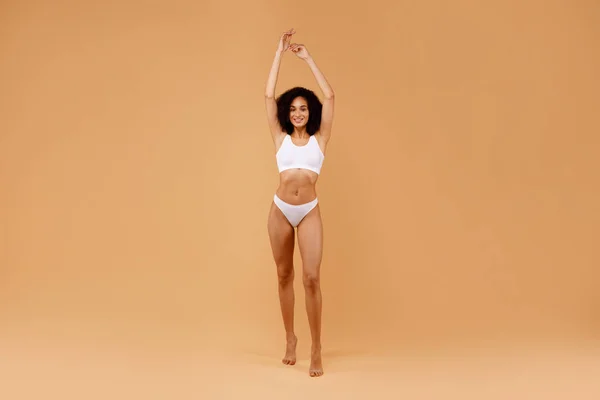 Sensual Black Woman Posing White Underwear Raising Hands Showing Beautiful — Stock Photo, Image