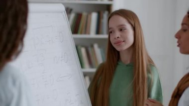 İşbirlikçi eğitim. Bir grup nişanlı genç bayan öğrenci beyaz tahta üzerinde proje fikirlerini tartışıyor, sınıf içi konuşuyorlar, çekim takibi yapıyorlar, yavaş çekim yapıyorlar.