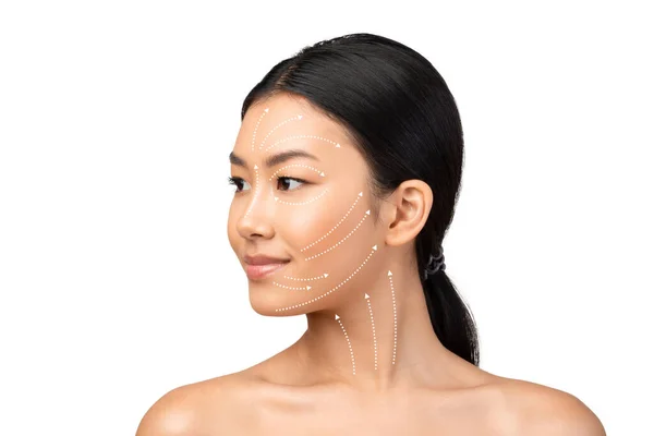 Asian Womans Face Portrait Lifting Arrows Showing Antiaging Facial Skincare — Stock Photo, Image