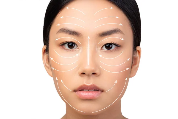 Kosmetologia Wzmocnienie Skóry Twarzy Portret Japonki Twarzą Podnoszącymi Strzałkami Białym — Zdjęcie stockowe