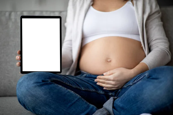 自宅でソファに座っている間に空白の白い画面でデジタルタブレットを表示する認識できない妊娠中の女性 アプリやウェブサイトのためのコピースペースで現代のガジェットを示す妊婦 モックアップ — ストック写真