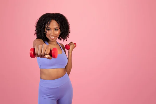 Cheerful Millennial African American Lady Sportswear Enjoy Exercises Hand Dumbbells — Stock Photo, Image