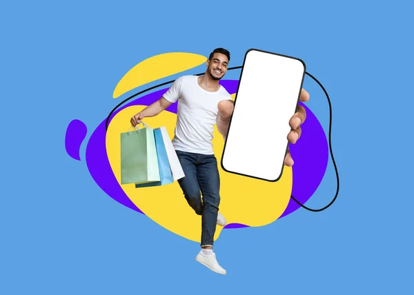 App Compras Homem Árabe Feliz Pulando Com Sacos Shopper Smartphone — Fotografia de Stock