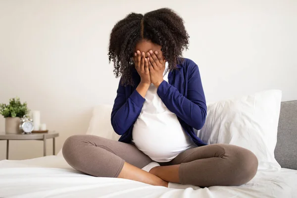 Sad Unhappy Millennial African American Pregnant Lady Big Belly Crying — Stock Photo, Image