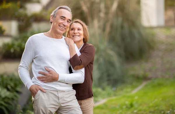 Lifetime Together Loving Mature Spouses Sharing Tender Hug Standing City — Stock Photo, Image