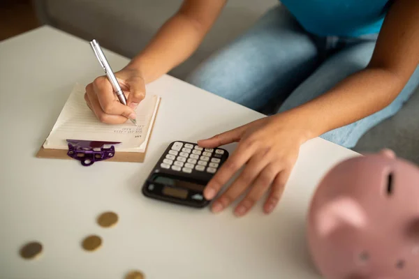 Millennial Curly Black Lady Counting Income Tax Mortgage Dream Table — Stock Photo, Image