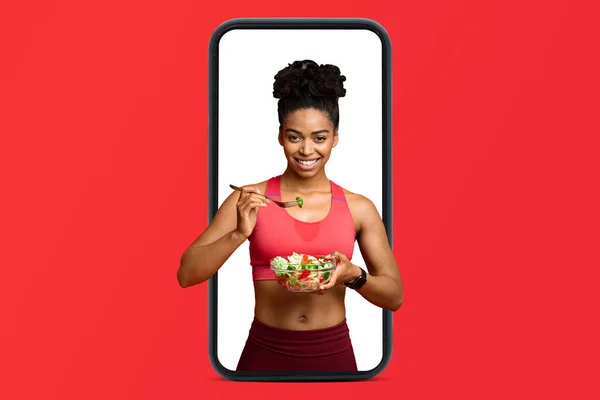 Kırmızı Stüdyo Arka Planında Izole Edilmiş Akıllı Telefon Ekranında Salata — Stok fotoğraf