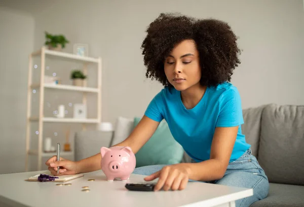 Concentrated millennial curly black lady counting income, tax and mortgage at table with piggy bank and calculator in living room interior. Debts, finance, home accounting