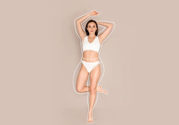 Ernährung Und Gewichtsverlust Fröhlich Schöne Schlanke Junge Frau Weißer Unterwäsche — Stockfoto