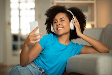 Kablosuz kulaklıklı genç siyah kıvırcık kadının telefona bakması, hafta sonunun keyfini çıkarması, müzik dinlemesi, oturma odasında video görüşmesi yapması güzel. İletişim, ses uygulaması ve blogu evde