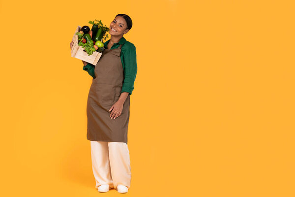 Био Фуд. Весёлая чернокожая фермерша держит коробку со свежими овощами и фруктами, позируя с урожаем из своего сада, стоящего над жёлтой студией. Полная длина, свободное пространство для ног