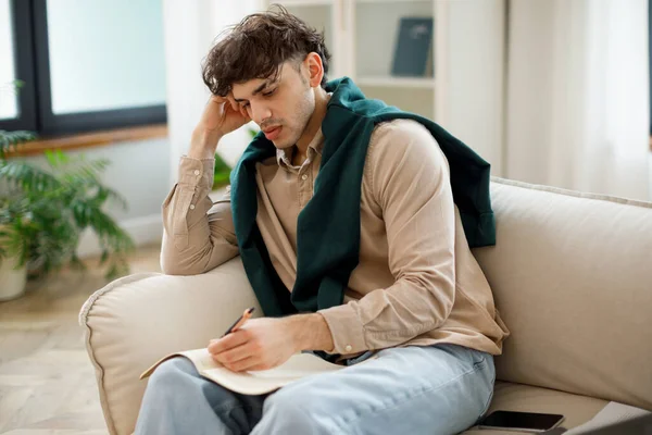 Note Taking Confident Middle Eastern Student Guy Learning Writing His — Stock Photo, Image