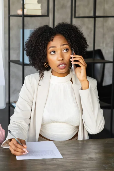 Women Entrepreneurship Vertical Portrait Successful Pretty Young Black Businesswoman Formal — Stock Photo, Image