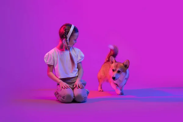 美しい小さな十代の女の子の肖像画は スタイリッシュな夏の衣装とかわいい甘いコーギー子犬の犬と遊んで無線ヘッドフォンを身に着けています 発光効果とカラフルな背景 コピースペース — ストック写真