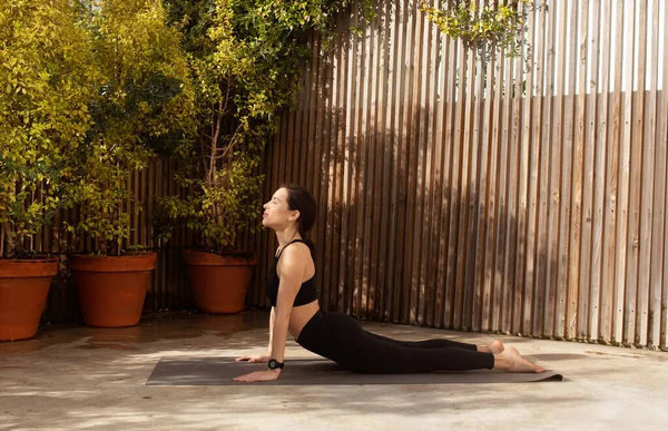 Sakin Ciddi Beyaz Tenli Bayan Yoga Yapıyor Dışarıda Antrenman Yapıyor — Stok fotoğraf