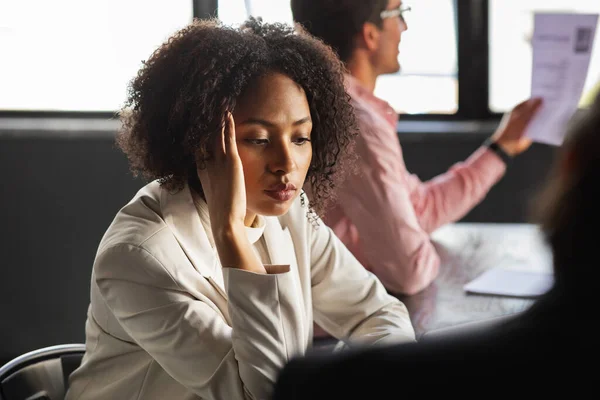 Stressed Overwhelmed African Businesswoman Feels Tired Corporate Meeting Exhausted Black — Stock Photo, Image