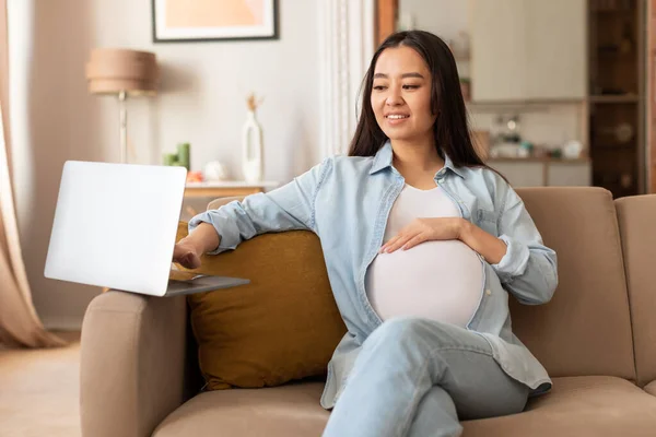 Embarazo Estilo Vida Mujer Asiática Embarazada Feliz Usando Ordenador Portátil —  Fotos de Stock