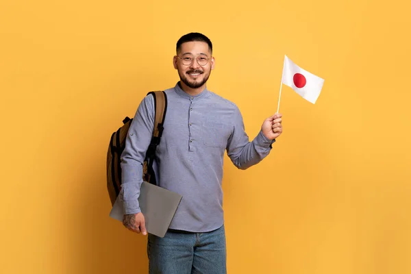 Portrait Asian Young Guy Laptop Flag Japan Hands Standing Yellow — стокове фото