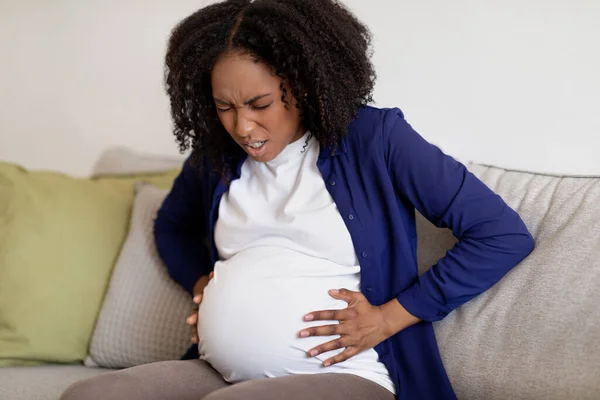 Unhappy Curly Pregnant Millennial Black Lady Domestic Clothes Big Belly — Stock Photo, Image