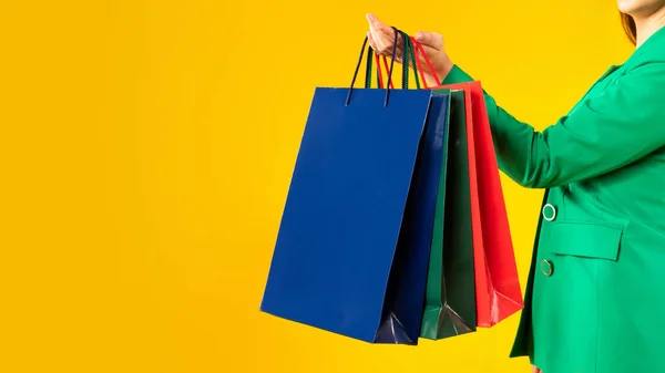 Shopping Concept Woman Holding Colorful Shopper Bags Successful Shopping Unrecognizable — Stock Photo, Image