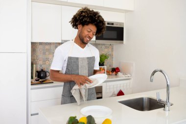 Mutfak işleri. Afro-Amerikalı neşeli adam akşam yemeğinden sonra tabağı havluyla kurutuyor, önlük giyip evde duruyor. Ev Eğlencesi ve Temizlik Konsepti