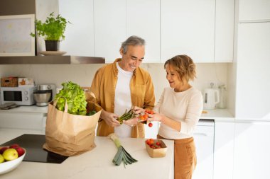 Yıllanmış evli eşler süpermarketten paketleri boşaltıyor, sebzeleri market poşetlerinden çıkarıyor, son sınıf mutlu bir aile olarak mutfak içinde eğleniyor.