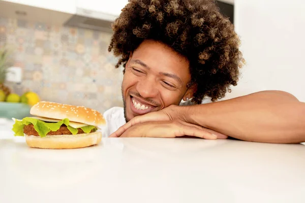 Cheat Day Joy Happy African American Guy Looking Mouthwatering Burger — Stock Photo, Image