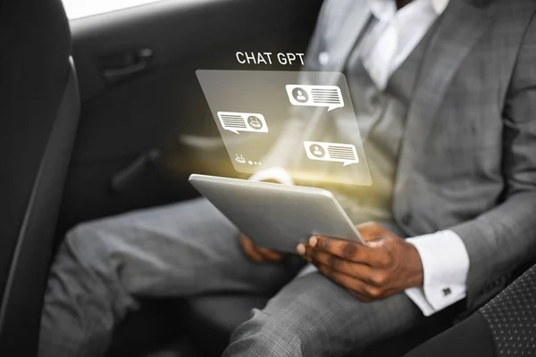 Business technology, chat gpt and business concept. Cropped of black businessman sitting in car, working on digital tablet, chatting with GPT, looking for creative solutions, collage