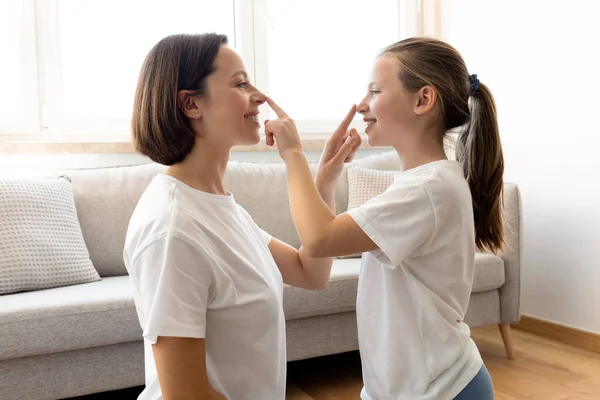 Cheerful Caucasian Middle Aged Mom Daughter White Shirt Touch Noses — Stock Photo, Image