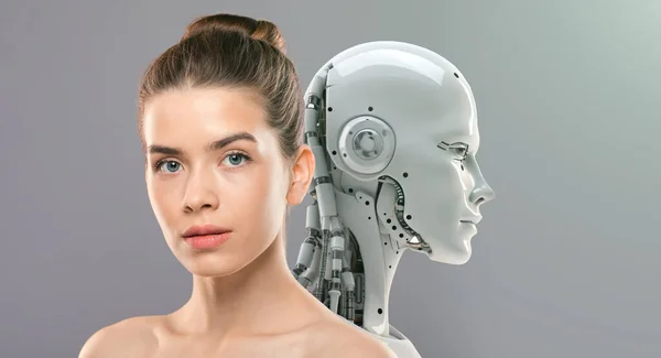 stock image Innovations of beauty industry. Close up portrait of young gorgeous lady with perfect face and skin posing to camera with artificial robot, grey studio background, free space