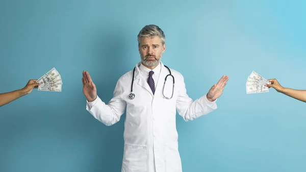 Irritated Middle Aged Man Wearing Medical Coat Doctor Refusing Take — Stock Photo, Image