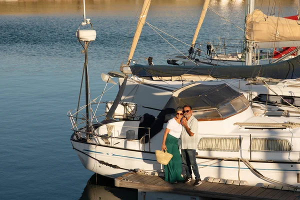 Sailboat Ownership Senior Family Couple Standing Luxury Yacht Embracing Enjoying — Stock Photo, Image