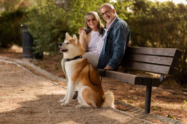 Gündelik ve güneş gözlüklü mutlu bir kadın ve erkek köpekle bankta oturur, parkta yürümenin tadını çıkarır. Aşk, ilişkiler, evcil hayvan, emeklilik ve aktif yaşam tarzıyla boş zaman ve hafta sonu