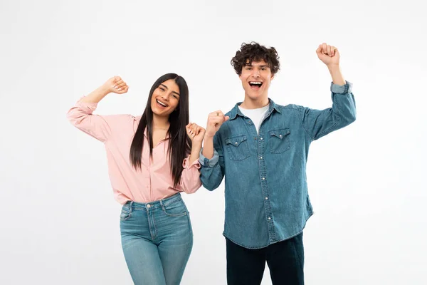 Yes Did Joyful Young Couple Shaking Fists Smiling Camera Celebrating — Stock Photo, Image