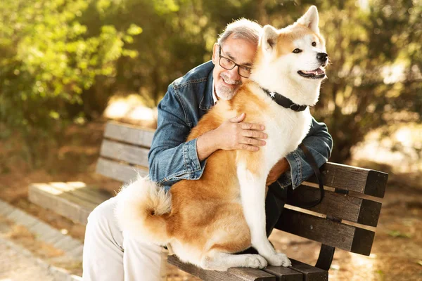 快乐的欧洲老人在休闲中喜欢和狗一起散步 坐在公园的长椅上 宠物的爱 最好的朋友的照料和在城市的闲暇时间 积极的动物生活方式 — 图库照片