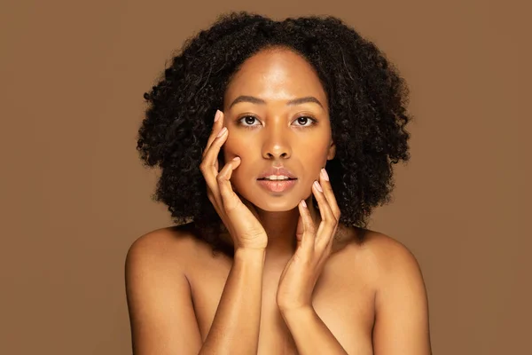 スキンケアの概念 官能的なかなりトップレス若いですアフリカ系アメリカ人女性とともに忙しい髪彼女の顔に触れます 美しさの治療後の滑らかな輝く柔らかい肌を楽しみます 茶色の背景に隔離 — ストック写真